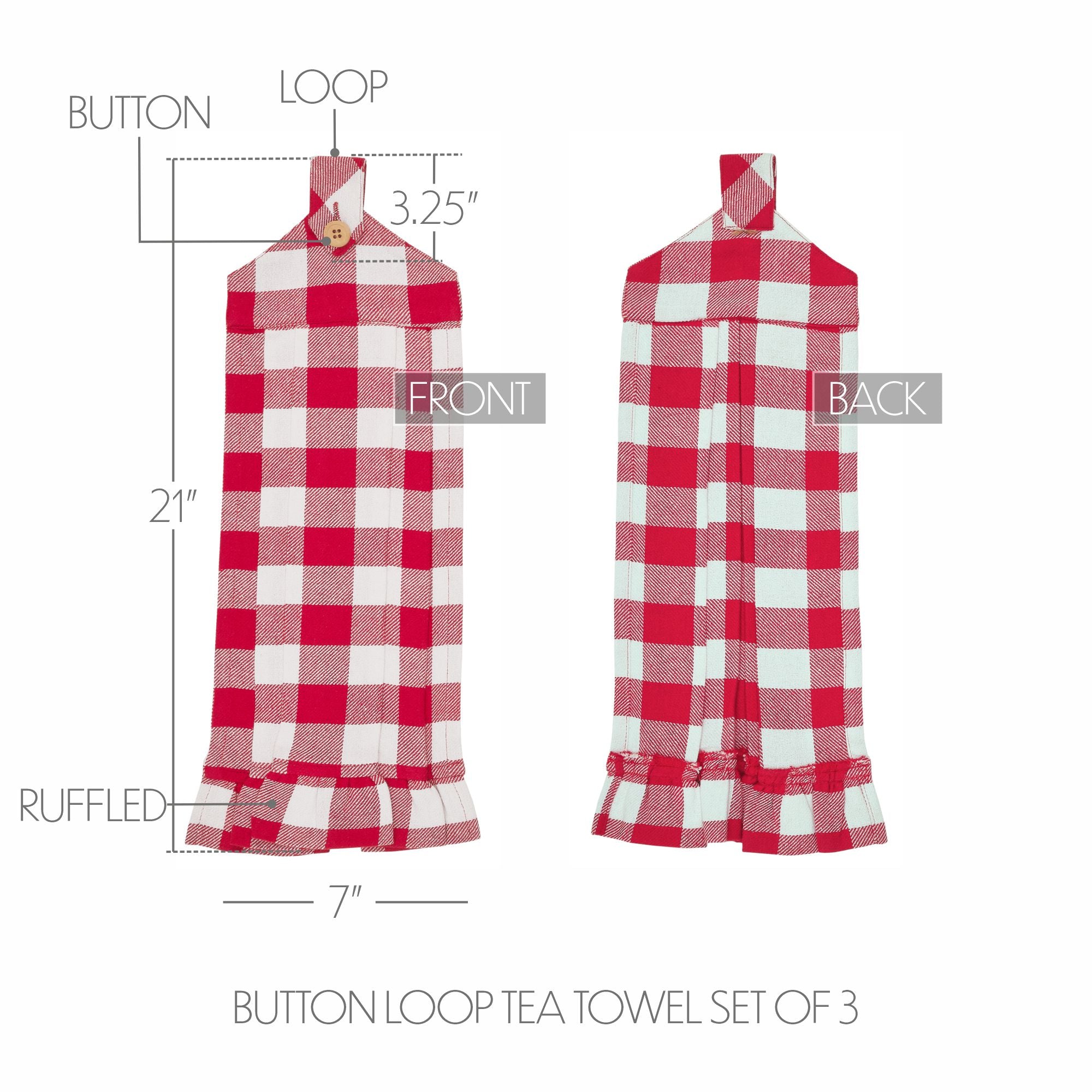Annie Buffalo Check Red Button Loop Tea Towel Set of 3 SpadezStore