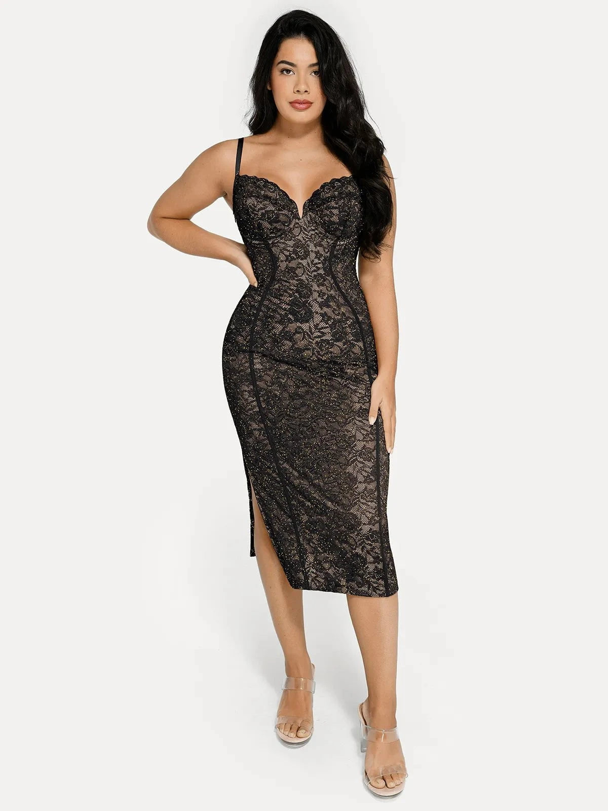popilush black dress Shapewear All-Lace Side Slit Hourglass Corset Midi Dress, / 3XL Popilush exclusive seamless appearance Hopelessly Elegant Black, White Size:6-9 months WINTER
