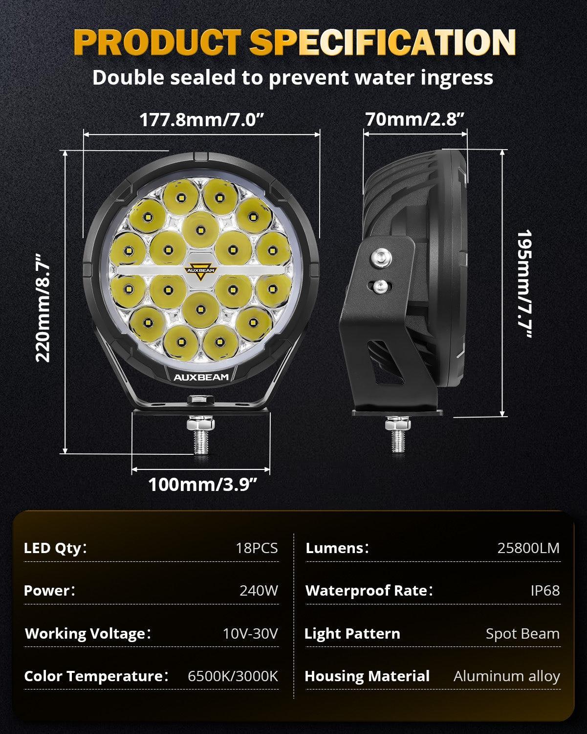 Auxbeam RAY-L Series | 7 Inch 240W 25800LM Dual DRL Offroad LED Driving Lights SpadezStore