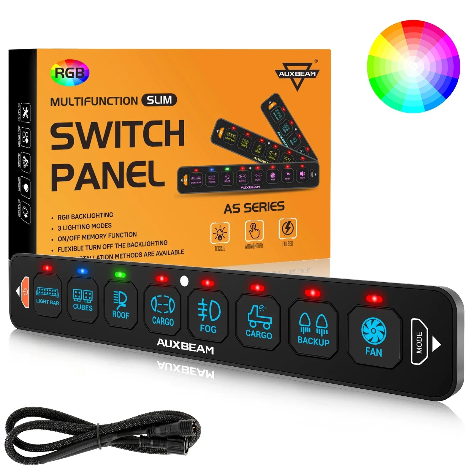 Auxbeam AS Series 4/6/8 Gang RGB Slim Switch Panel with APP & Remote Control, Toggle/ Momentary/ Pulsed Mode Supported One-Sided Outlet SpadezStore