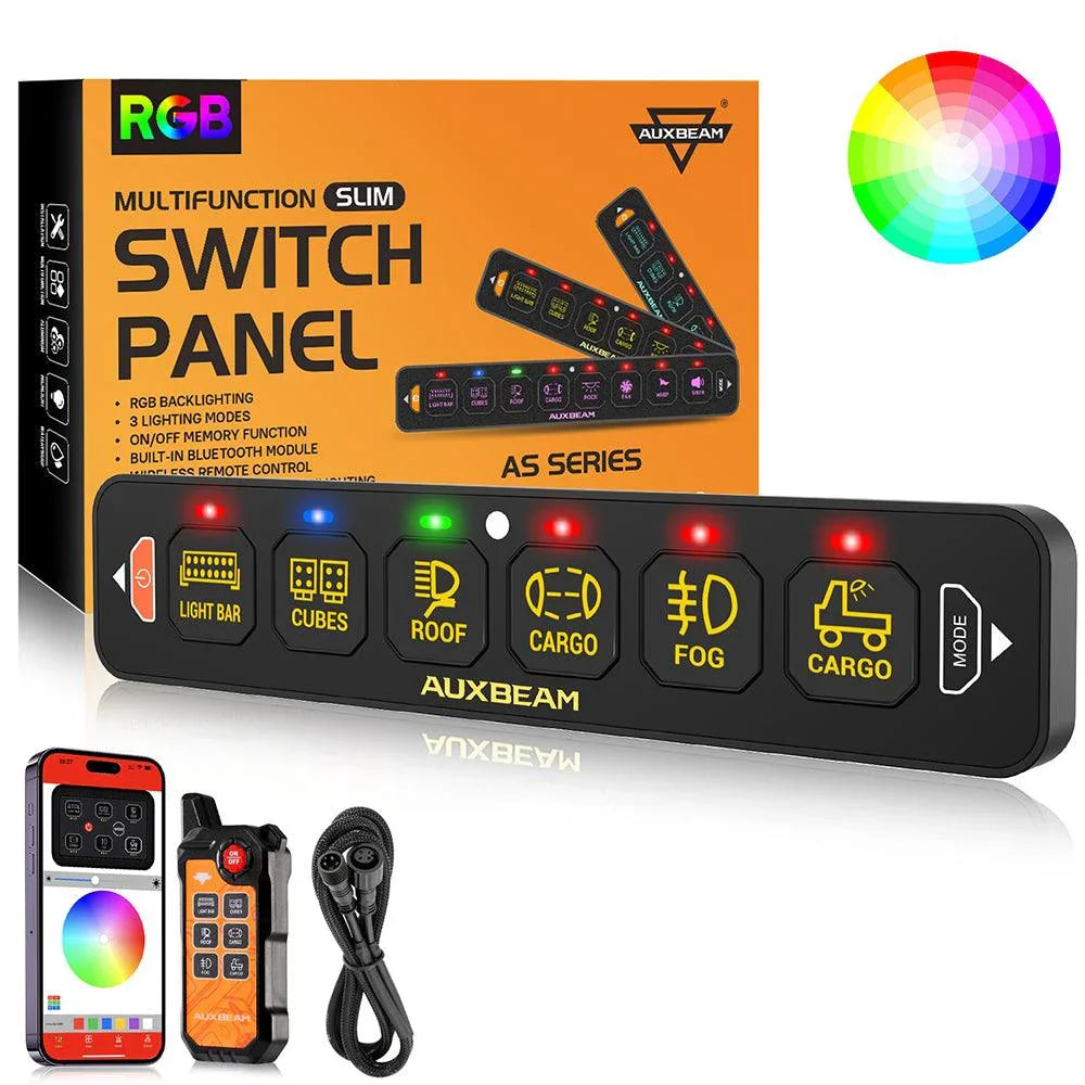 Auxbeam AS Series 4/6/8 Gang RGB Slim Switch Panel with APP & Remote Control, Toggle/ Momentary/ Pulsed Mode Supported One-Sided Outlet SpadezStore