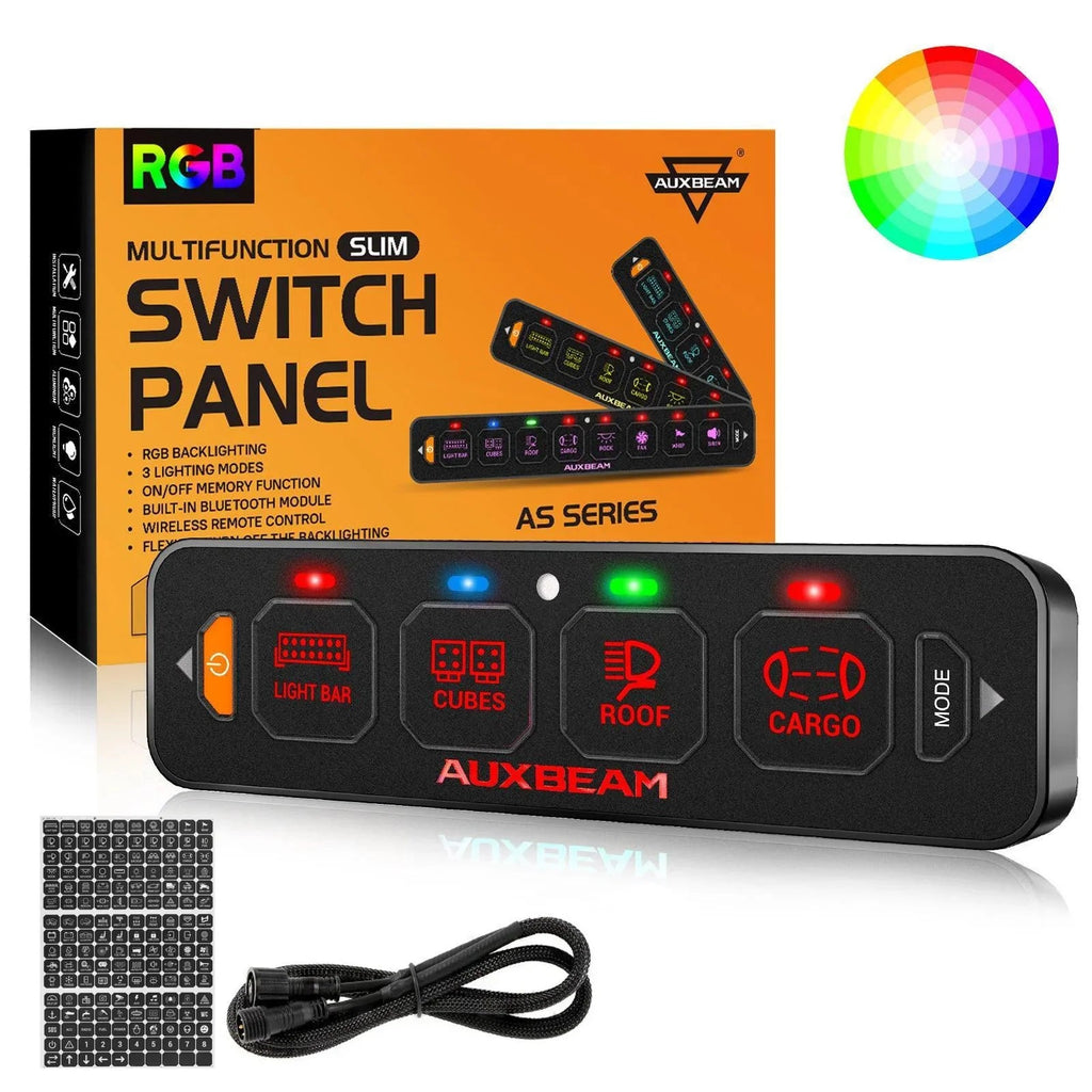 Auxbeam AS Series 4/6/8 Gang RGB Slim Switch Panel with APP & Remote Control, Toggle/ Momentary/ Pulsed Mode Supported One-Sided Outlet SpadezStore