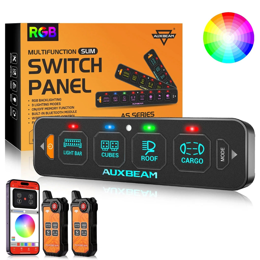 Auxbeam AS Series 4/6/8 Gang RGB Slim Switch Panel with APP & Remote Control, Toggle/ Momentary/ Pulsed Mode Supported One-Sided Outlet SpadezStore