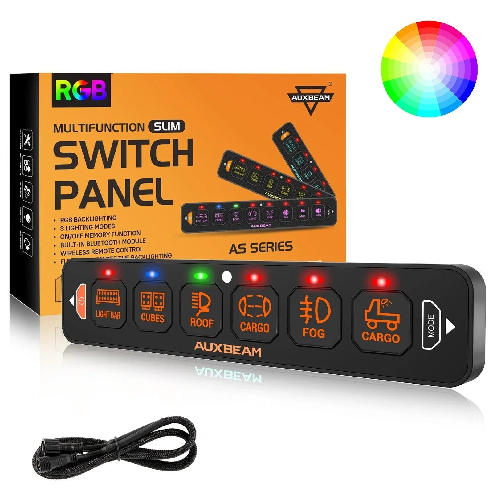 Auxbeam AS Series 6 Gang (AS-R60) RGB Slim Switch Panel, Toggle/ Momentary/ Pulsed Mode Supported (One-Sided Outlet)