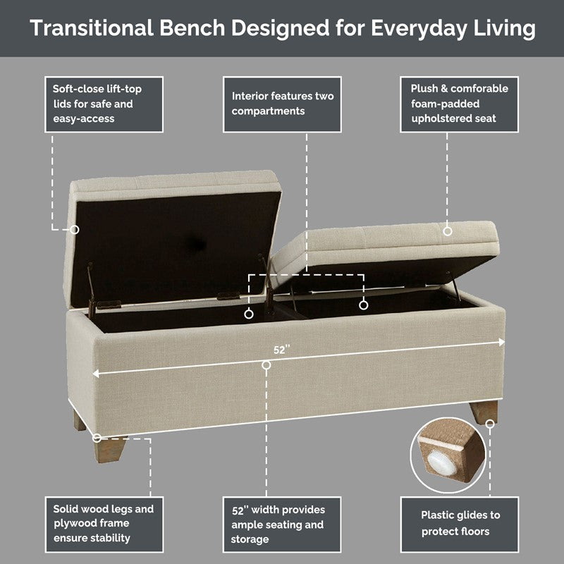 Madison Park Ashcroft Dual Compartment Flip-Top Storage Bench SpadezStore