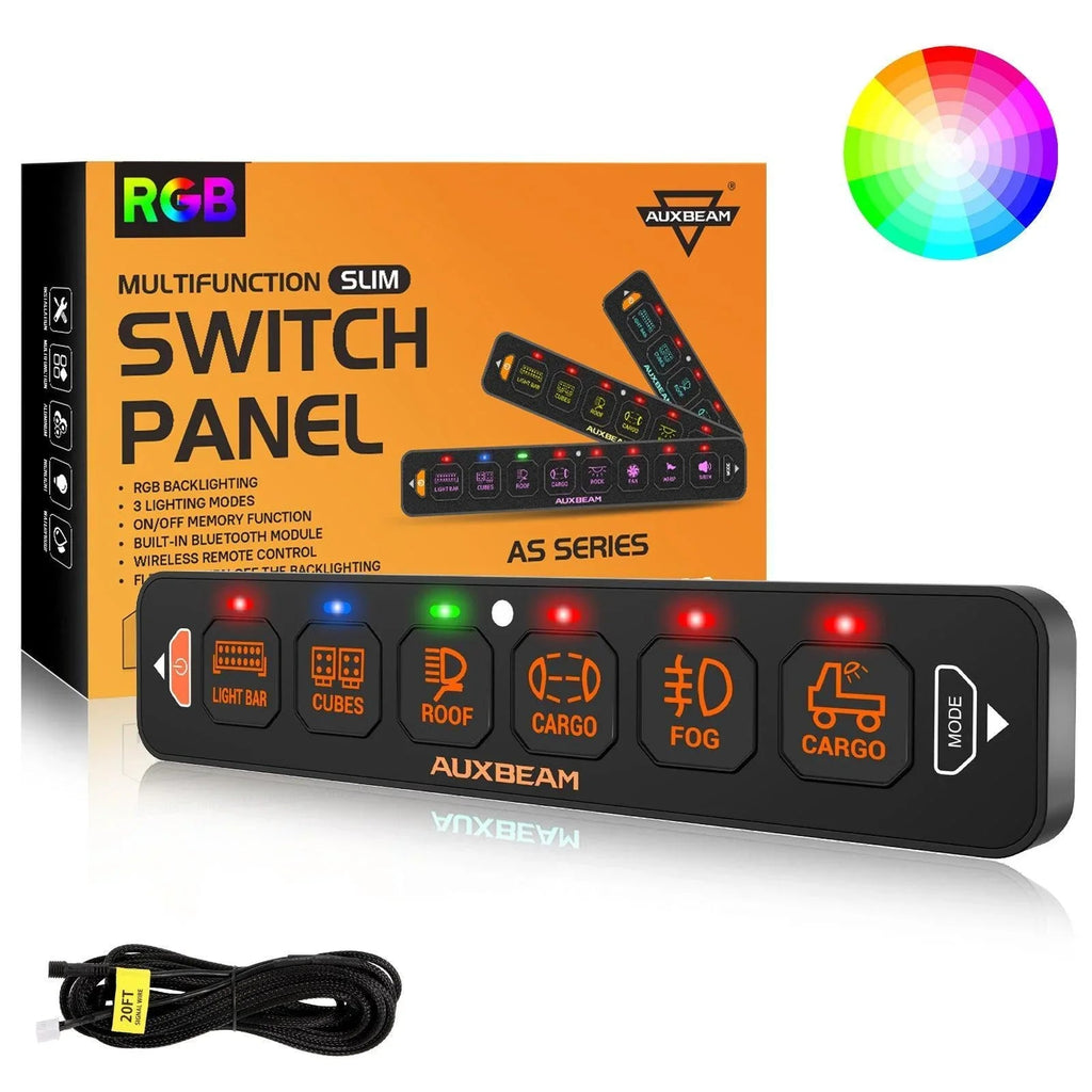 Auxbeam AS Series 6 Gang (AS-R60) RGB Slim Switch Panel, Toggle/ Momentary/ Pulsed Mode Supported (One-Sided Outlet)