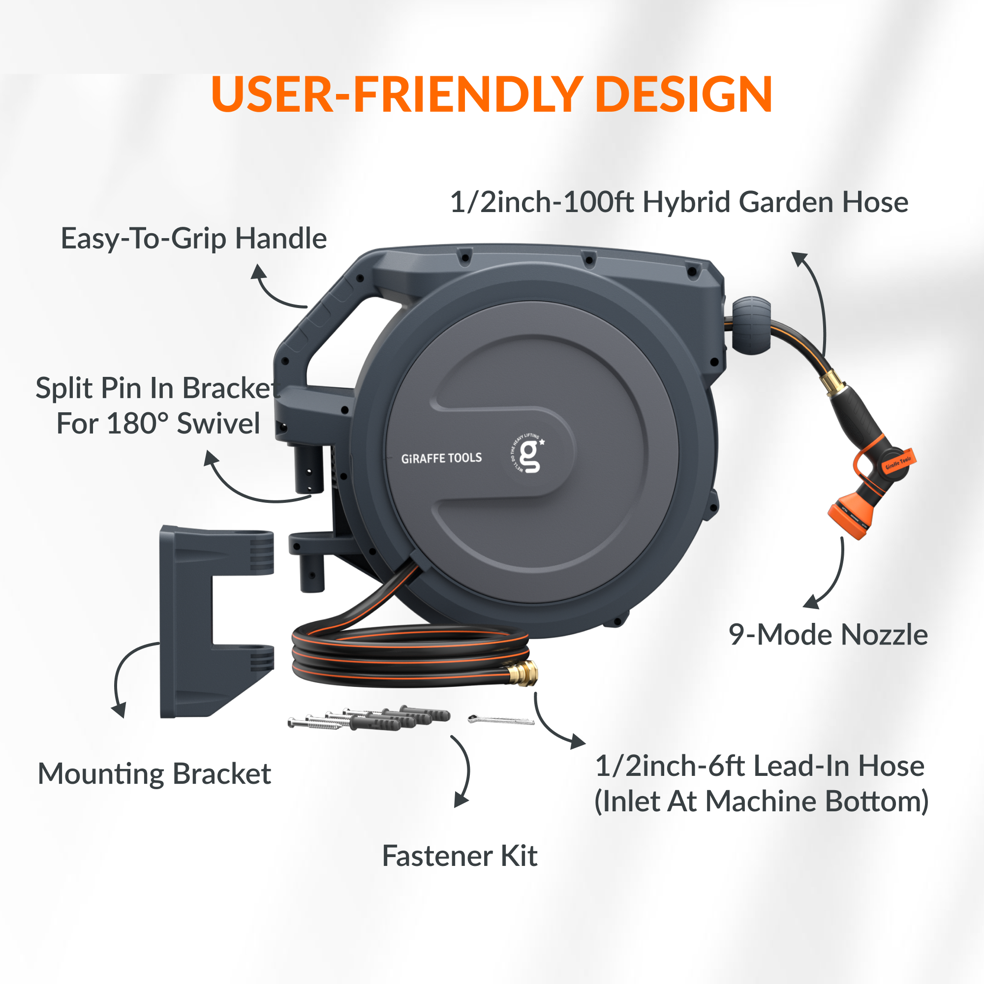 Giraffe Tools Retractable Garden Hose Reel-1/2in-100ft SpadezStore