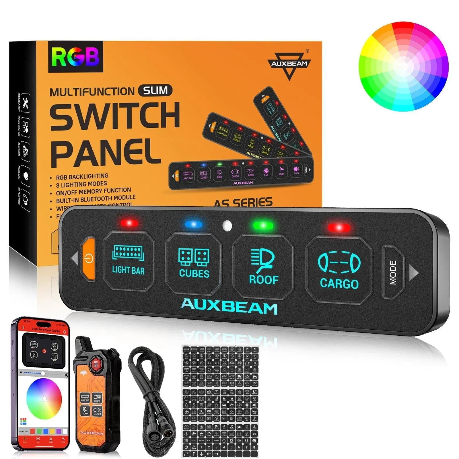 Auxbeam AS Series 4/6/8 Gang RGB Slim Switch Panel with APP & Remote Control, Toggle/ Momentary/ Pulsed Mode Supported One-Sided Outlet SpadezStore