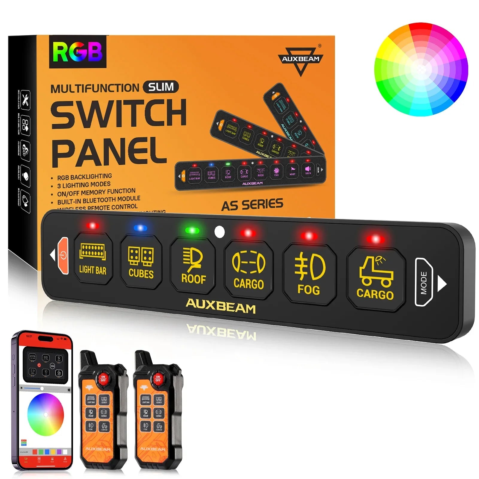 Auxbeam AS Series 4/6/8 Gang RGB Slim Switch Panel with APP & Remote Control, Toggle/ Momentary/ Pulsed Mode Supported One-Sided Outlet SpadezStore