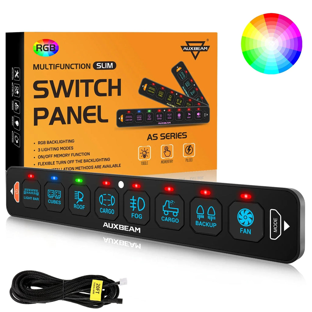 Auxbeam AS Series 4/6/8 Gang RGB Slim Switch Panel with APP & Remote Control, Toggle/ Momentary/ Pulsed Mode Supported One-Sided Outlet SpadezStore