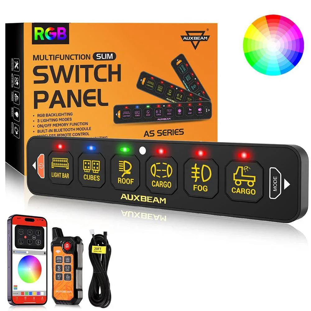 Auxbeam AS Series 4/6/8 Gang RGB Slim Switch Panel with APP & Remote Control, Toggle/ Momentary/ Pulsed Mode Supported One-Sided Outlet SpadezStore