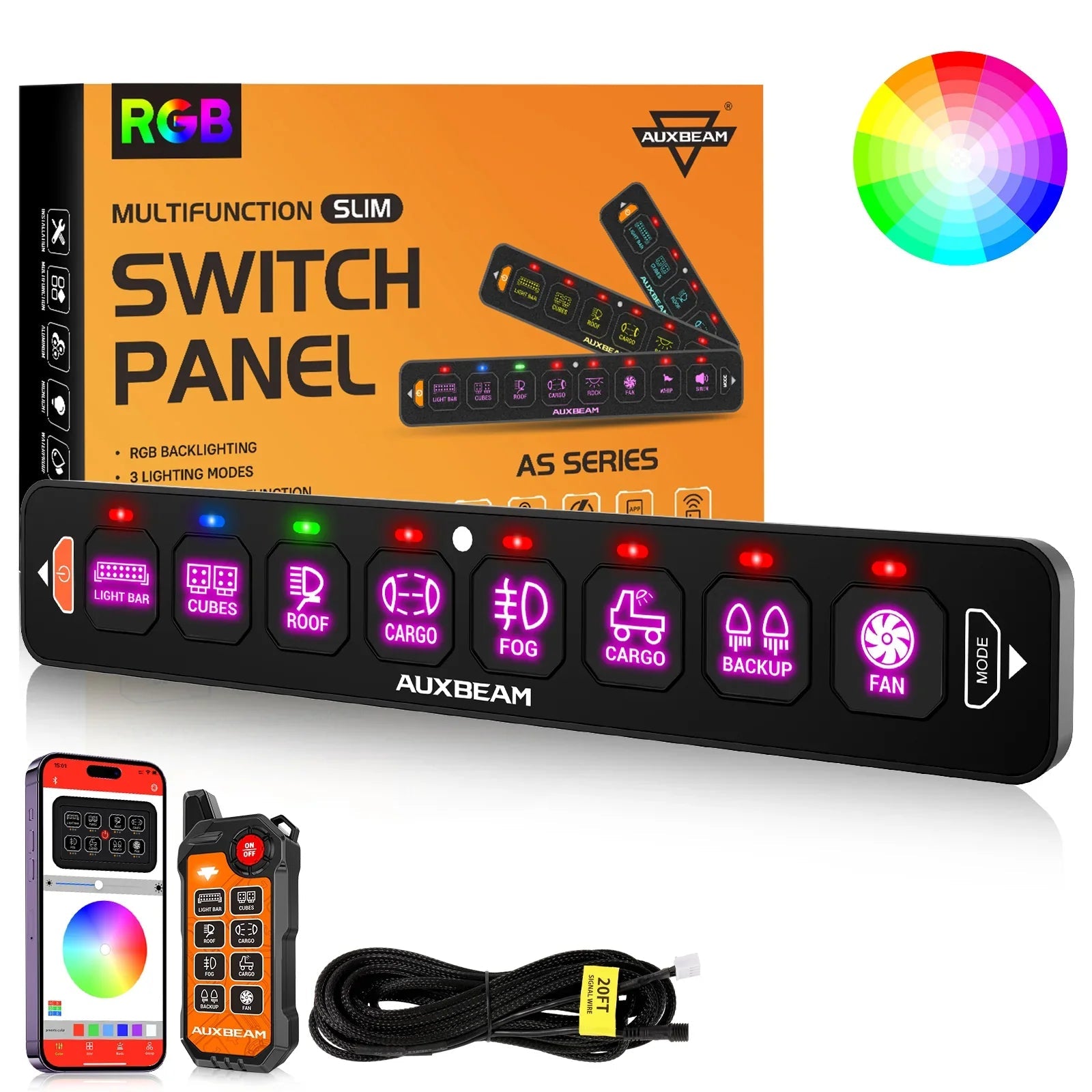 Auxbeam AS Series 4/6/8 Gang RGB Slim Switch Panel with APP & Remote Control, Toggle/ Momentary/ Pulsed Mode Supported One-Sided Outlet SpadezStore