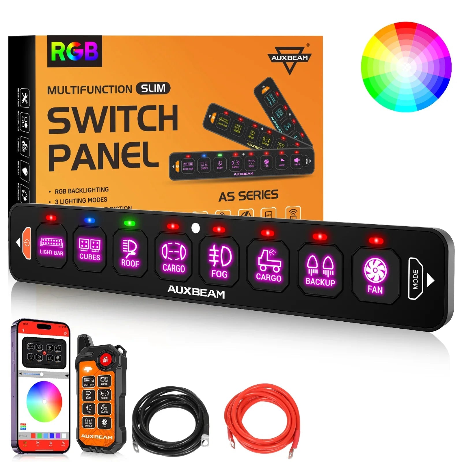 Auxbeam AS Series 4/6/8 Gang RGB Slim Switch Panel with APP & Remote Control, Toggle/ Momentary/ Pulsed Mode Supported One-Sided Outlet SpadezStore