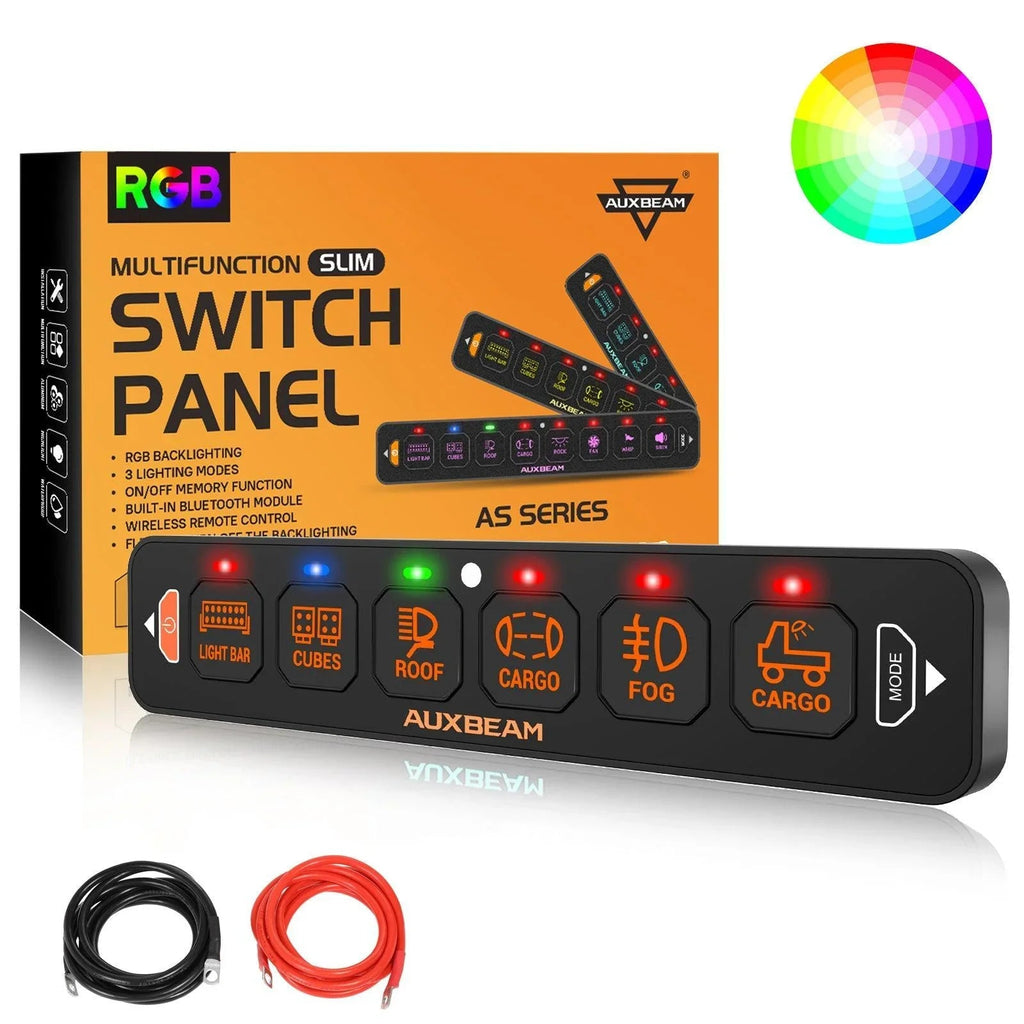 Auxbeam AS Series 6 Gang (AS-R60) RGB Slim Switch Panel, Toggle/ Momentary/ Pulsed Mode Supported (One-Sided Outlet)