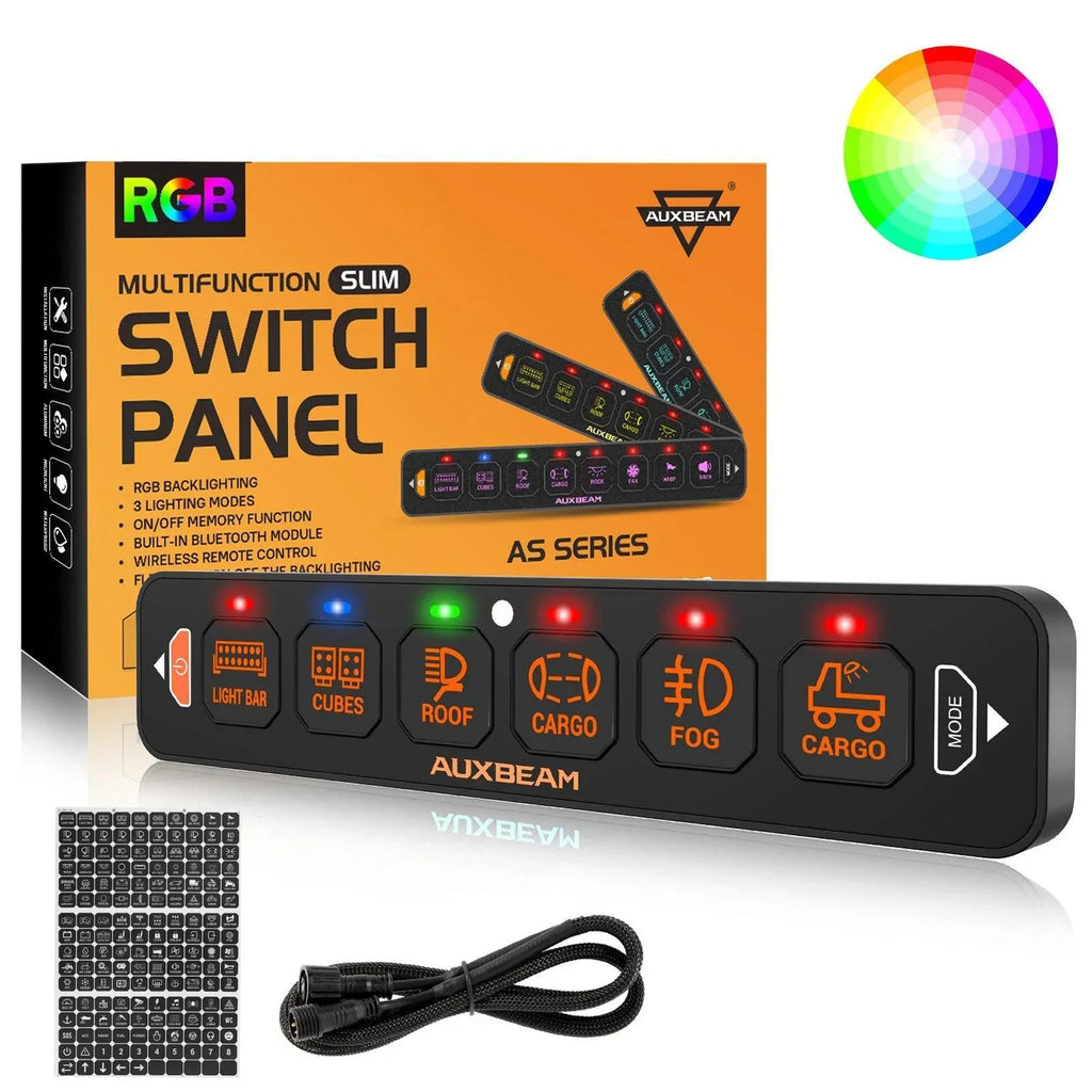 Auxbeam AS Series 6 Gang (AS-R60) RGB Slim Switch Panel, Toggle/ Momentary/ Pulsed Mode Supported (One-Sided Outlet)