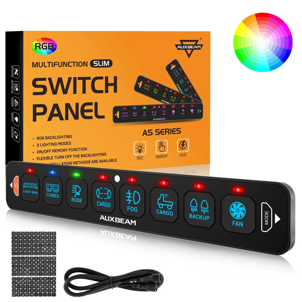 Auxbeam AS Series 4/6/8 Gang RGB Slim Switch Panel with APP & Remote Control, Toggle/ Momentary/ Pulsed Mode Supported One-Sided Outlet SpadezStore