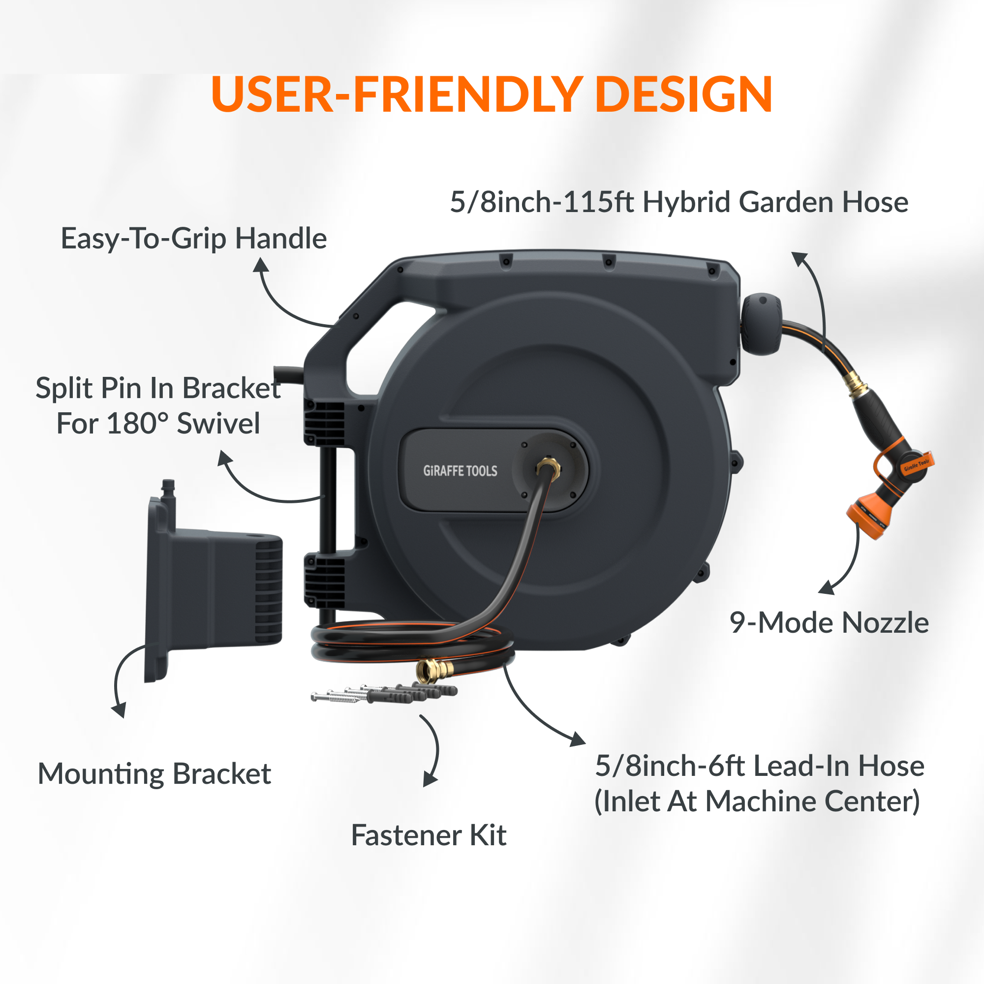Giraffe Tools Retractable Garden Hose Reel-5/8 in-115ft SpadezStore