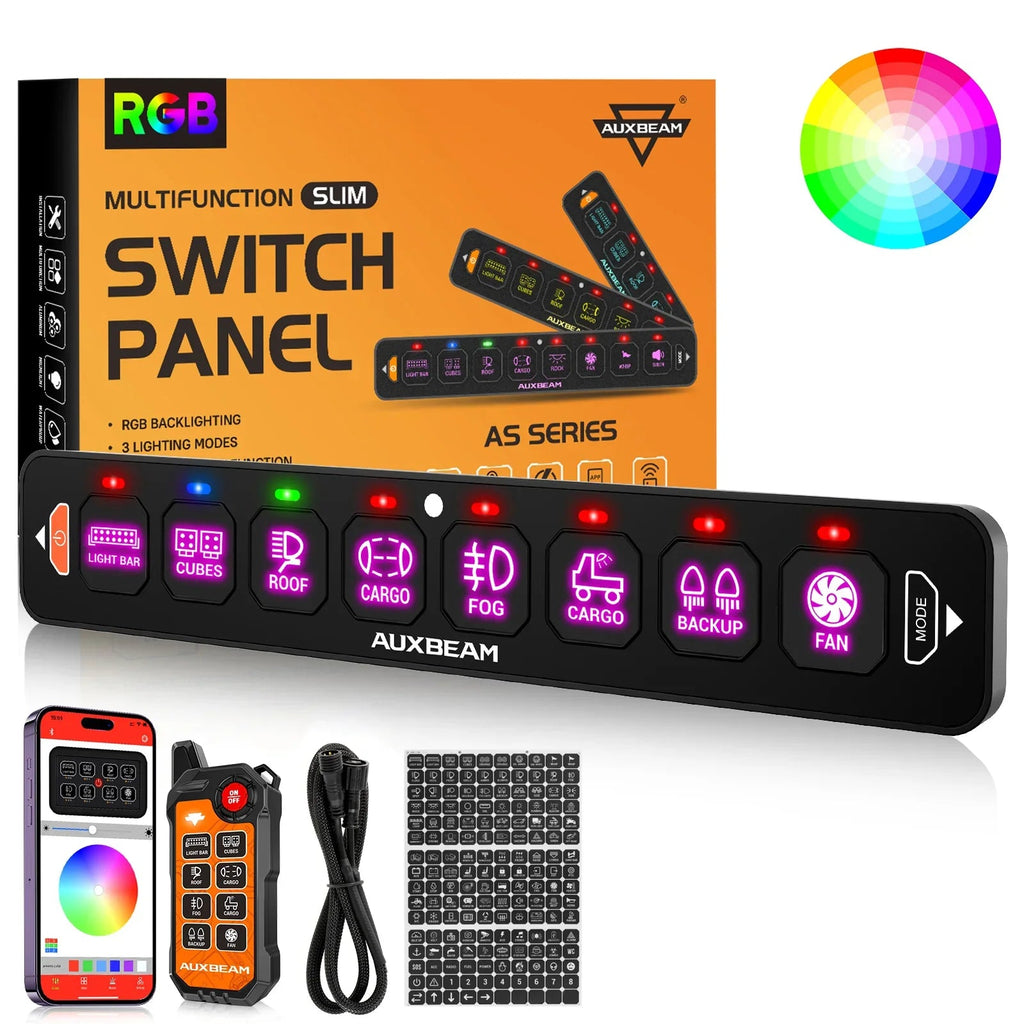 Auxbeam AS Series 4/6/8 Gang RGB Slim Switch Panel with APP & Remote Control, Toggle/ Momentary/ Pulsed Mode Supported One-Sided Outlet SpadezStore