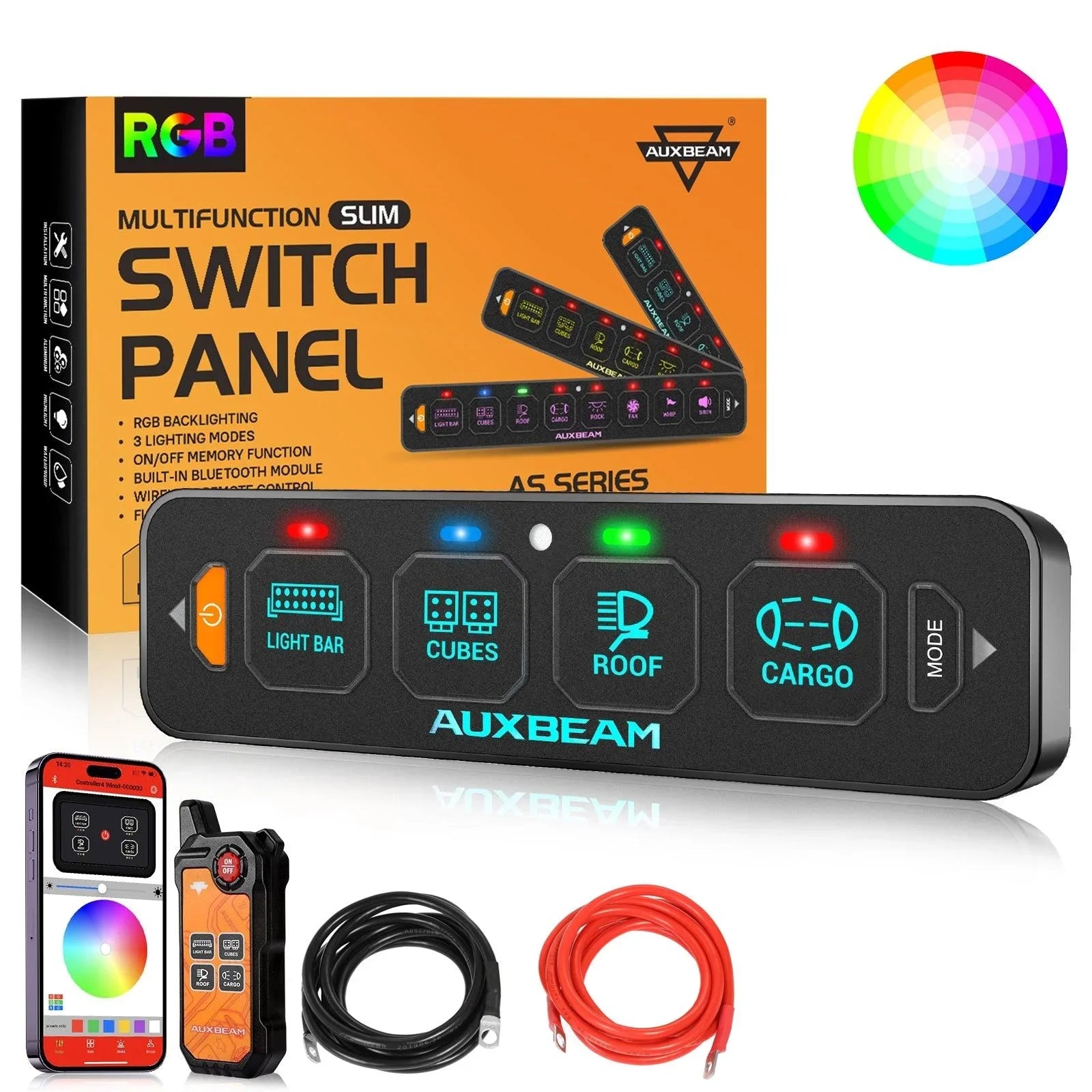 Auxbeam AS Series 4/6/8 Gang RGB Slim Switch Panel with APP & Remote Control, Toggle/ Momentary/ Pulsed Mode Supported One-Sided Outlet SpadezStore