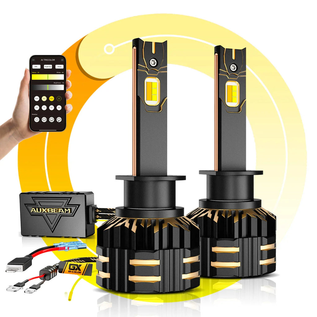 Auxbeam GX Bi-Color Smart Series 25000LM 110W LED Headlight Bulbs, with App Control Via Bluetooth & Dual Color Switchback SpadezStore