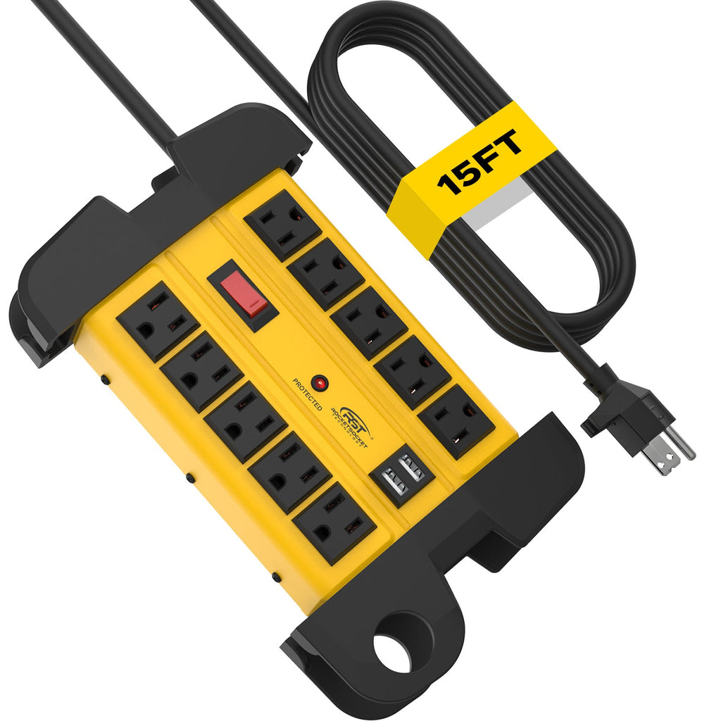 CRST 10 Outlets Dual USB Mountable Heavy Duty Metal Power Strip Surge Protector with Cord Wrapping Design, 15FT Power Cord SpadezStore