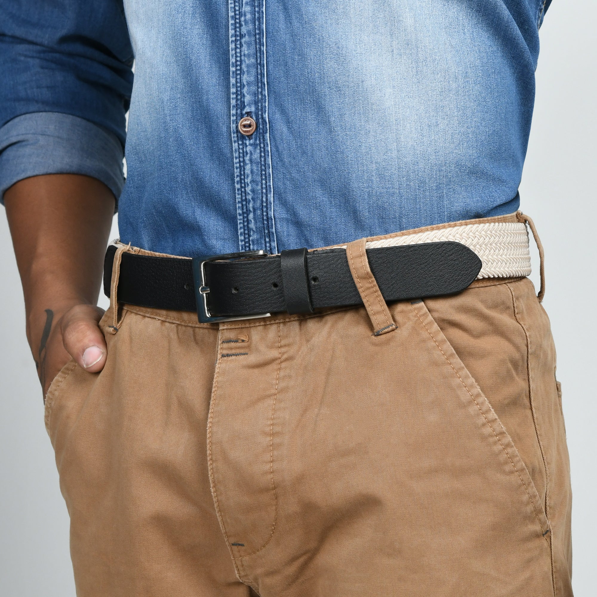 Cream & Black Braided Canvas Leather Belt SpadezStore