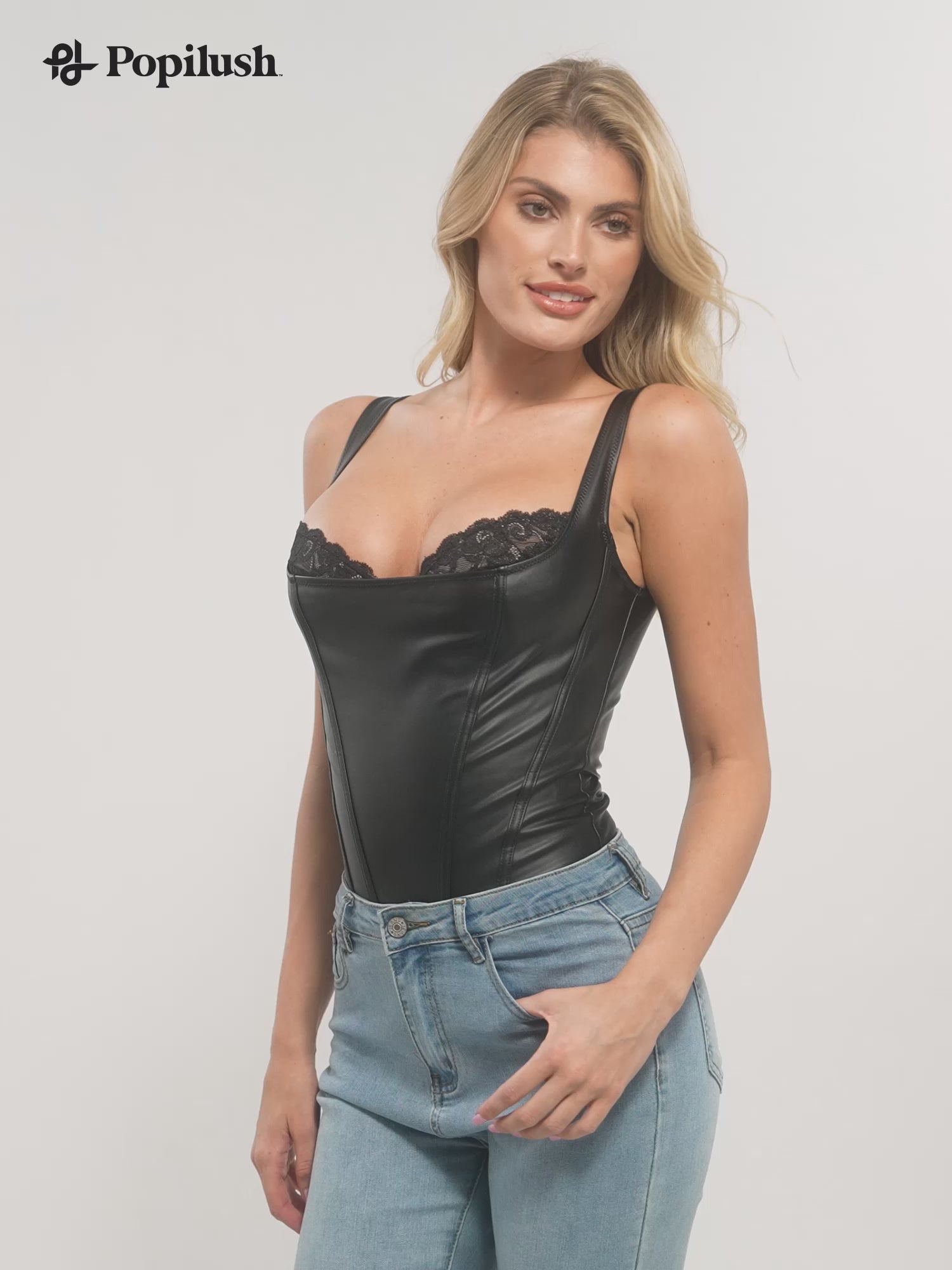 Popilush Shapewear Faux Leather Lace Balconette Sculpting Bodysuit
