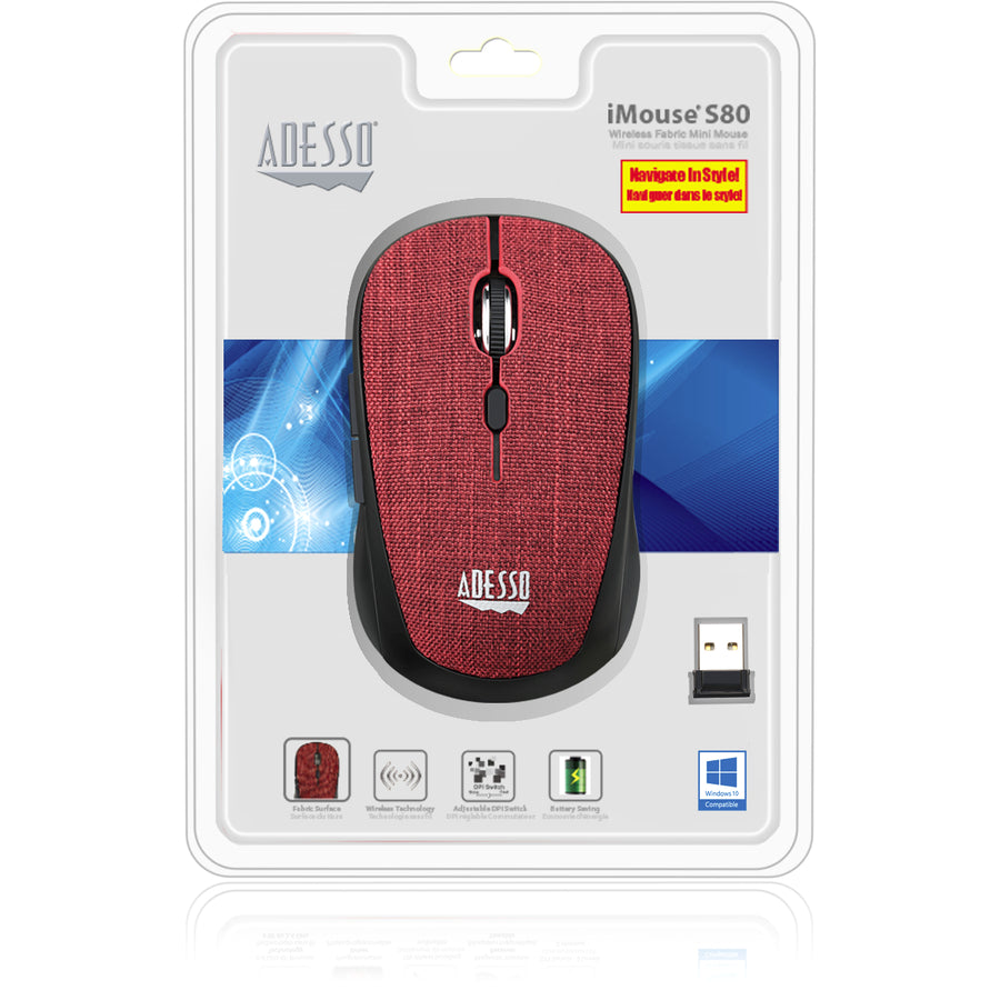 Adesso iMouse S80R - Wireless Fabric Optical Mini Mouse Red SpadezStore