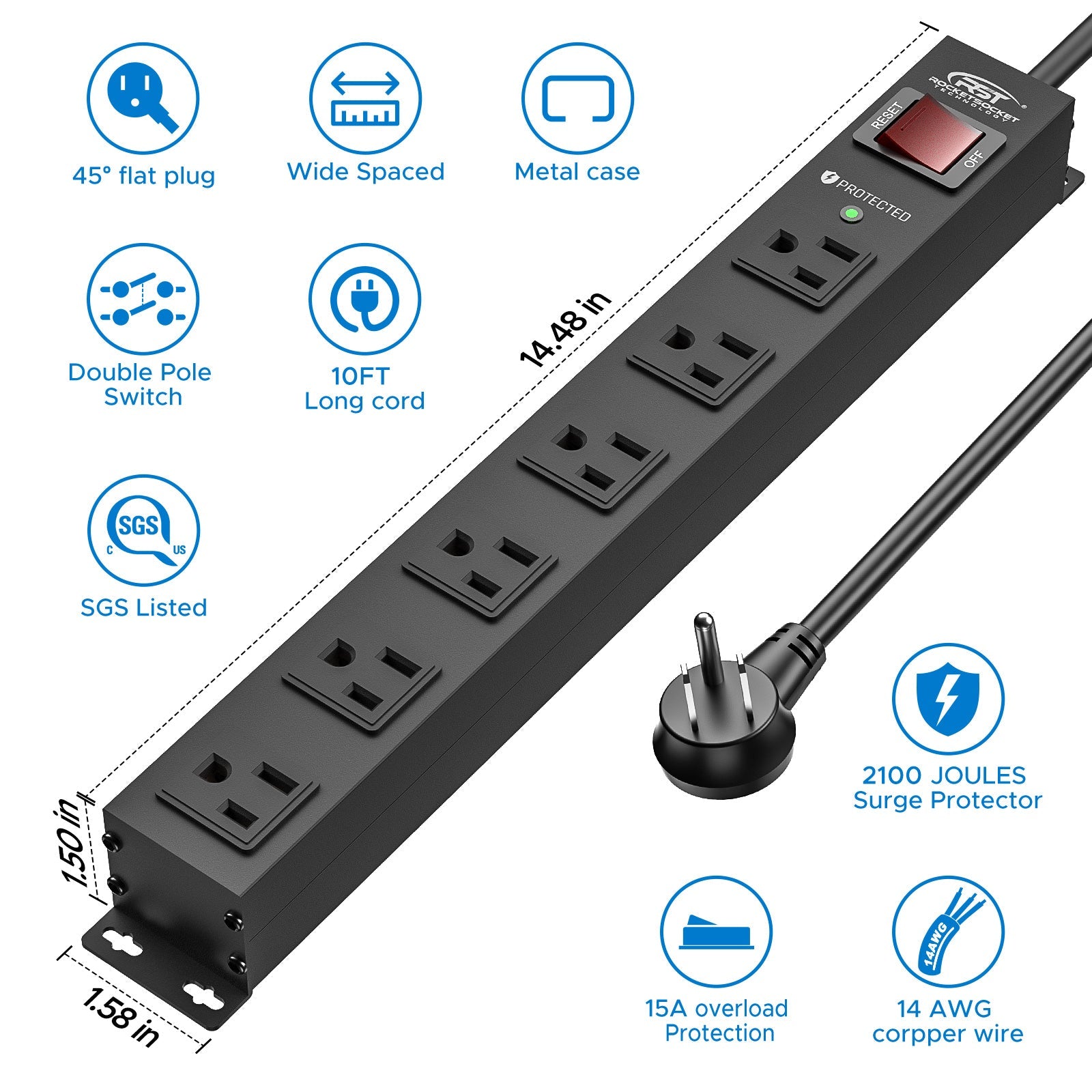 Rocket Socket Technology 6-Outlet Slim Mountable Metal Power Strip | Dual-Pole Switch, 2100J Surge Protector, Wide-Spaced Outlets, 10ft