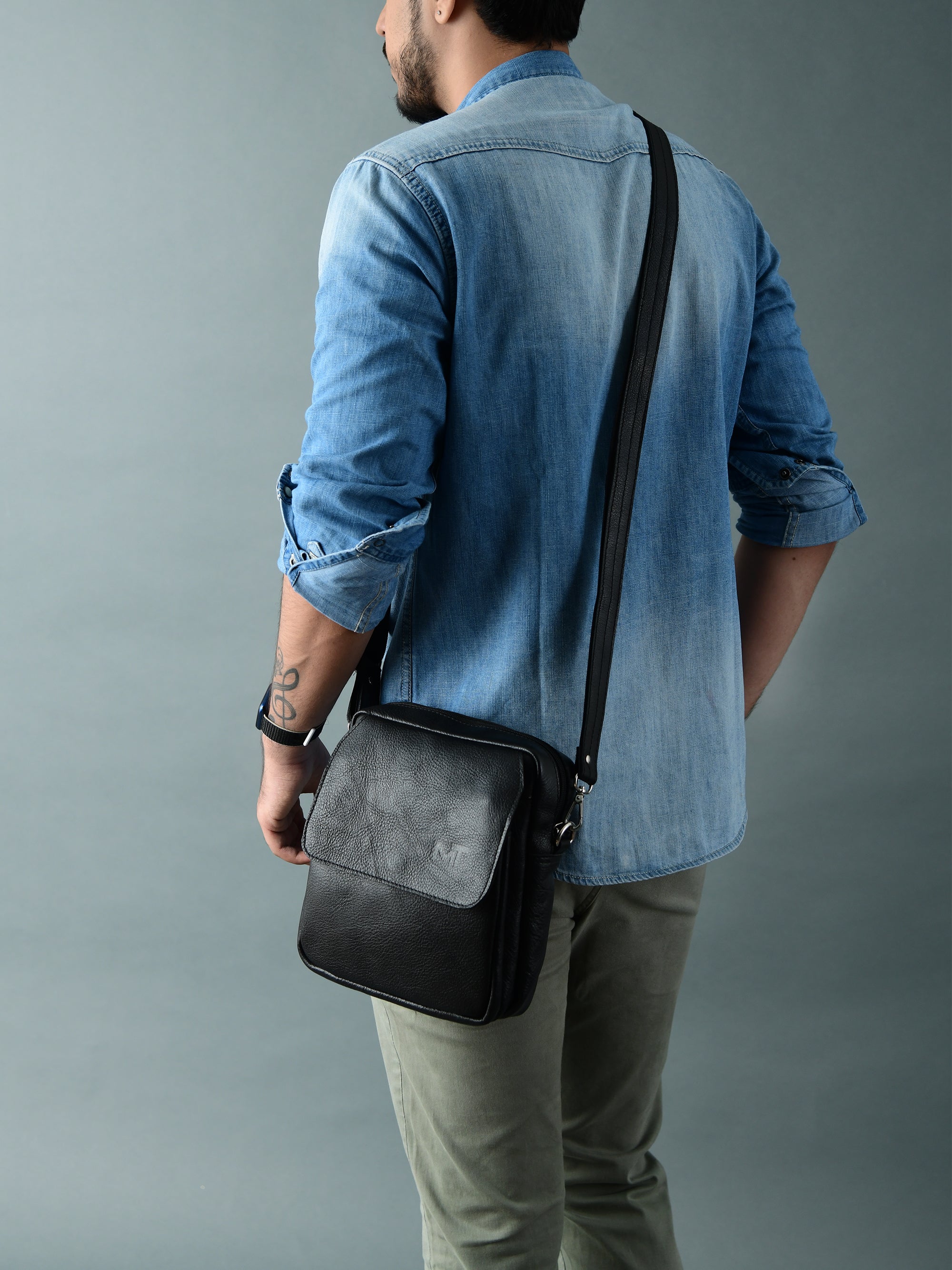 Classy Leather Bags Enzo Black Side Messenger - Thumbnail 2