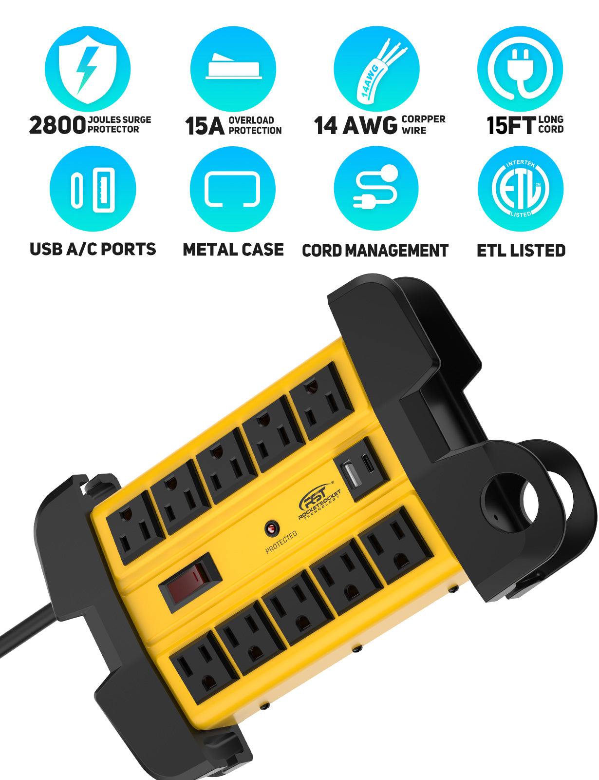 CRST Heavy Duty Power Strip with USB-C 10 Outlet Metal Surge Protector 2800J 15A Circuit Breaker Long Extension Cord Wall Mountable ETL Listed SpadezStore