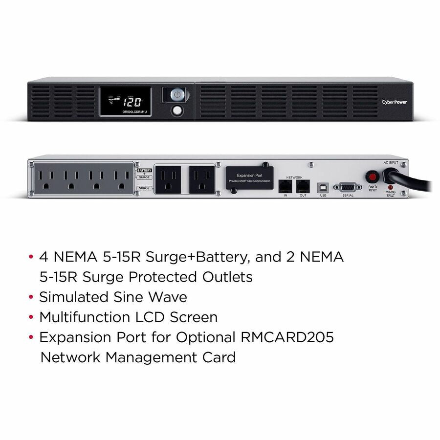 CyberPower OR500LCDRM1U Smart App LCD UPS Systems - 500VA/300W, 120 VAC, NEMA 5-15P, 1U, Rackmount, 6 Outlets SpadezStore