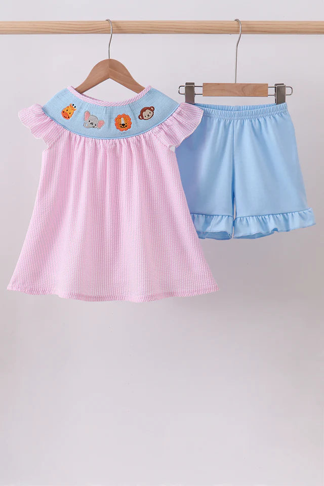 Abby & Evie Pink Seersucker Animal Smocked Ruffle Shorts Set 112926 SpadezStore