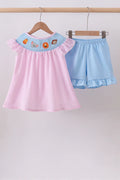 Abby & Evie Pink Seersucker Animal Smocked Ruffle Shorts Set 112926 SpadezStore