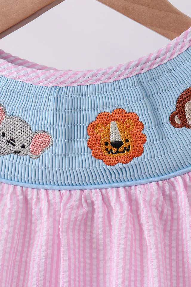 Abby & Evie Pink Seersucker Animal Smocked Ruffle Shorts Set 112926 SpadezStore