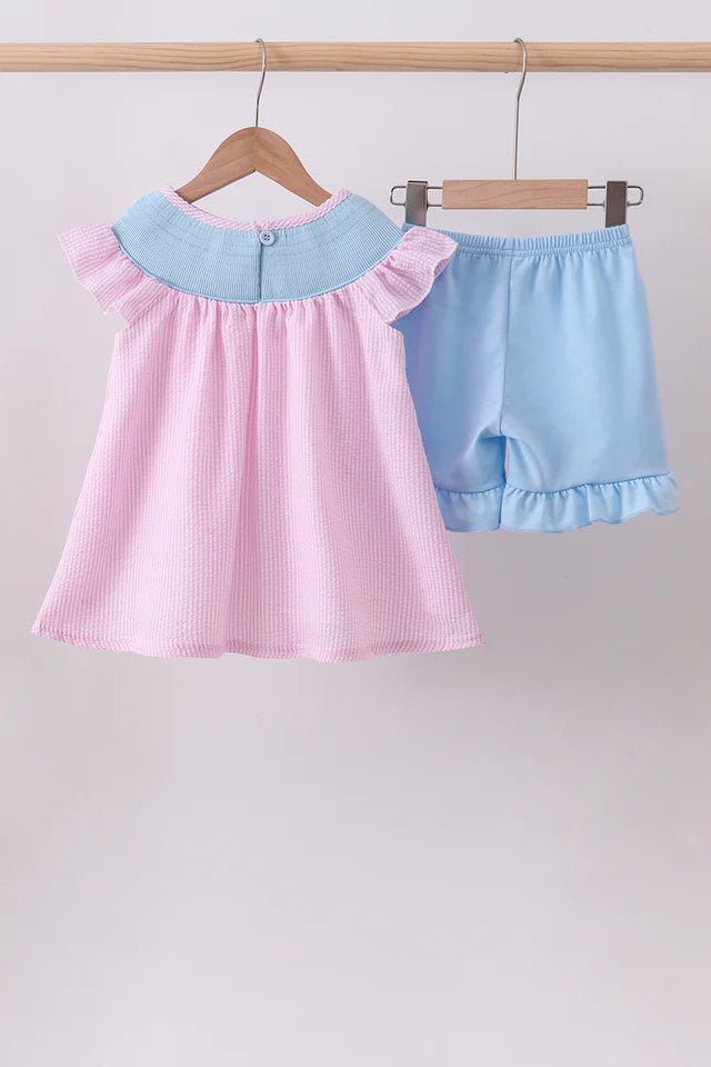 Abby & Evie Pink Seersucker Animal Smocked Ruffle Shorts Set 112926 SpadezStore