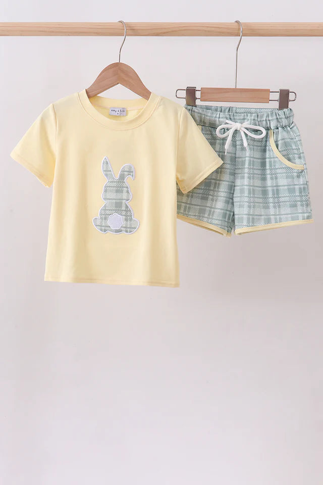Abby & Evie Yellow Bunny Applique Plaid Shorts Set 113085 SpadezStore
