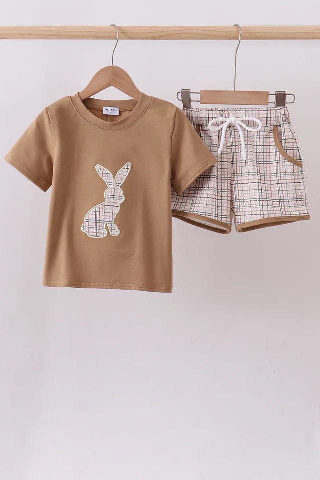 Abby & Evie Brown Plaid Bunny Applique Boys Shorts Set 113091 SpadezStore