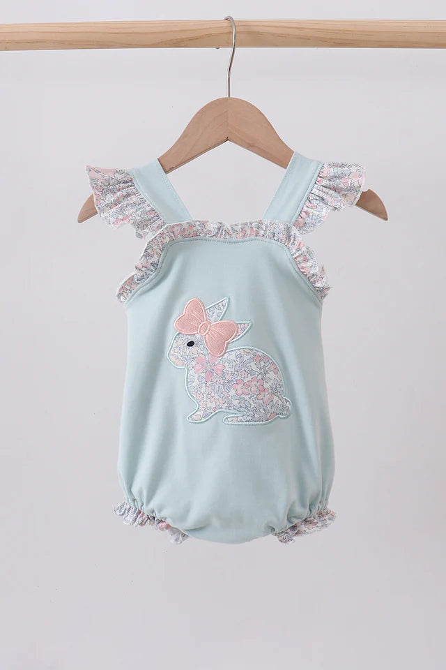 Abby & Evie Blue Floral Bunny Applique Girl Ruffle Bubble Romper 113093 SpadezStore