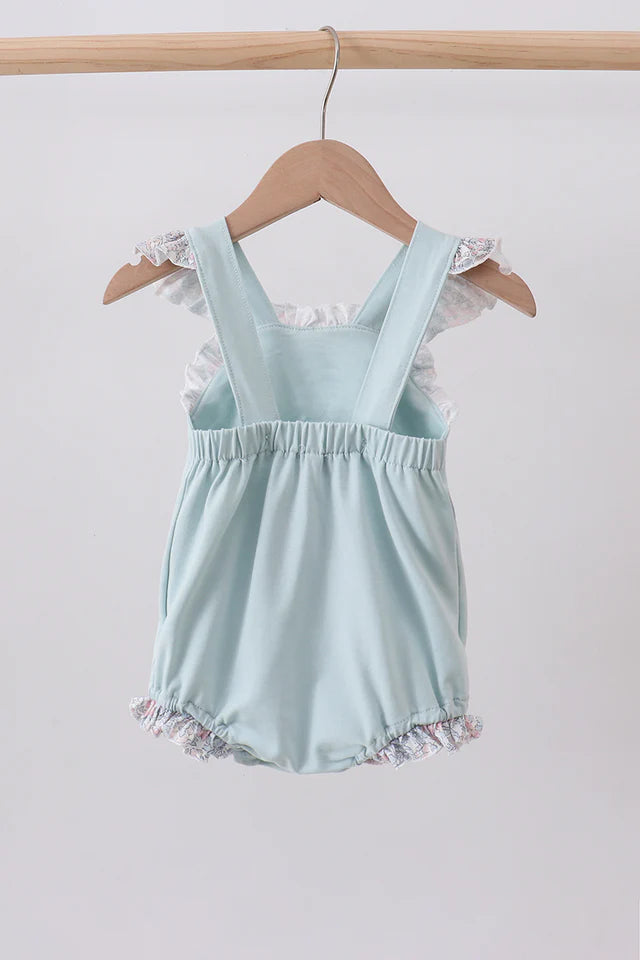 Abby & Evie Blue Floral Bunny Applique Girl Ruffle Bubble Romper 113093 SpadezStore