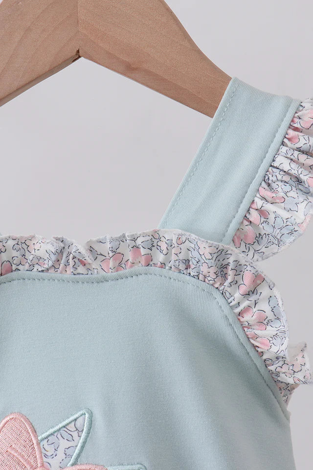 Abby & Evie Blue Floral Bunny Applique Girl Ruffle Bubble Romper 113093 SpadezStore