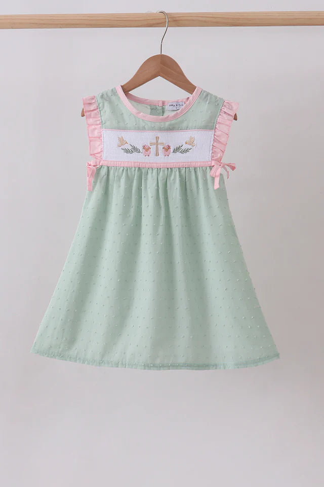 Abby & Evie Green Swiss Dot Cross Sheep Ruffle Dress 113131 SpadezStore
