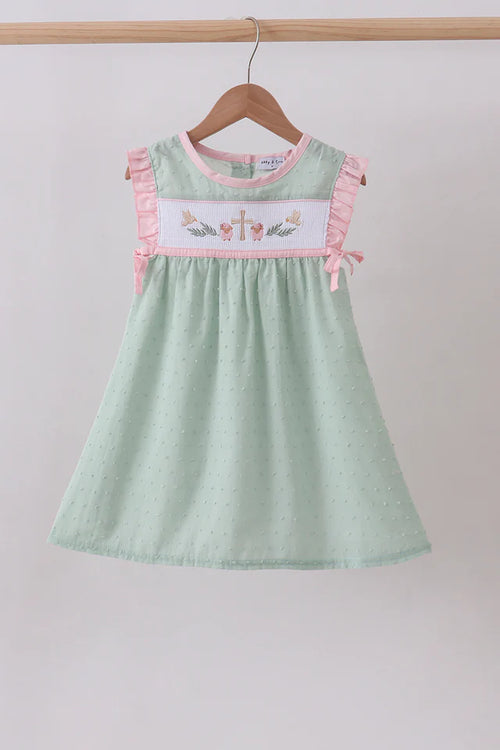 Abby & Evie Green Swiss Dot Cross Sheep Ruffle Dress 113131 SpadezStore