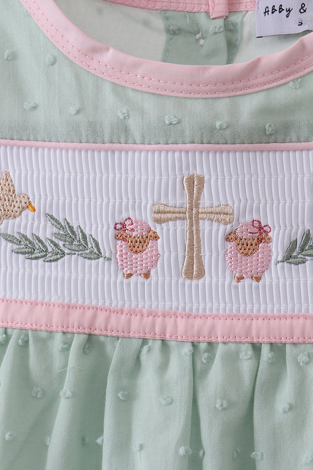 Abby & Evie Green Swiss Dot Cross Sheep Ruffle Dress 113131 SpadezStore