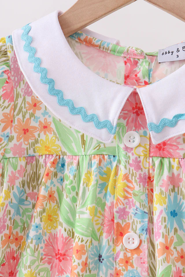 Abby & Evie Pink Foral Print Puff Sleeve Ruffle Dress 113153 SpadezStore