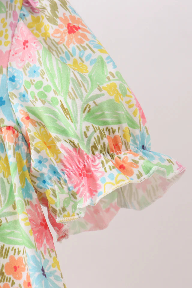 Abby & Evie Pink Foral Print Puff Sleeve Ruffle Dress 113153 SpadezStore