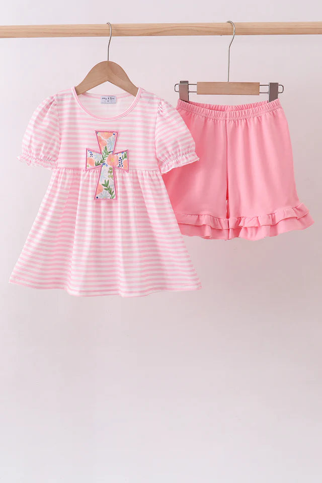 Abby & Evie Pink Stripe Cross Applique Ruffle Shorts Set SpadezStore