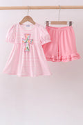 Abby & Evie Pink Stripe Cross Applique Ruffle Shorts Set SpadezStore