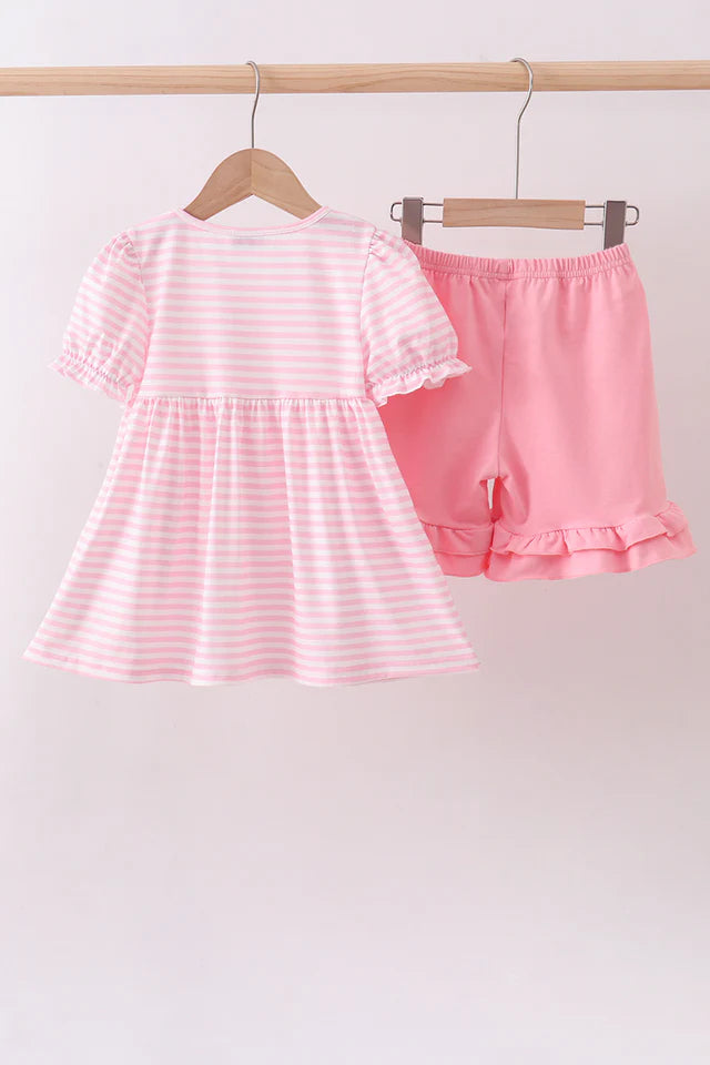 Abby & Evie Pink Stripe Cross Applique Ruffle Shorts Set SpadezStore