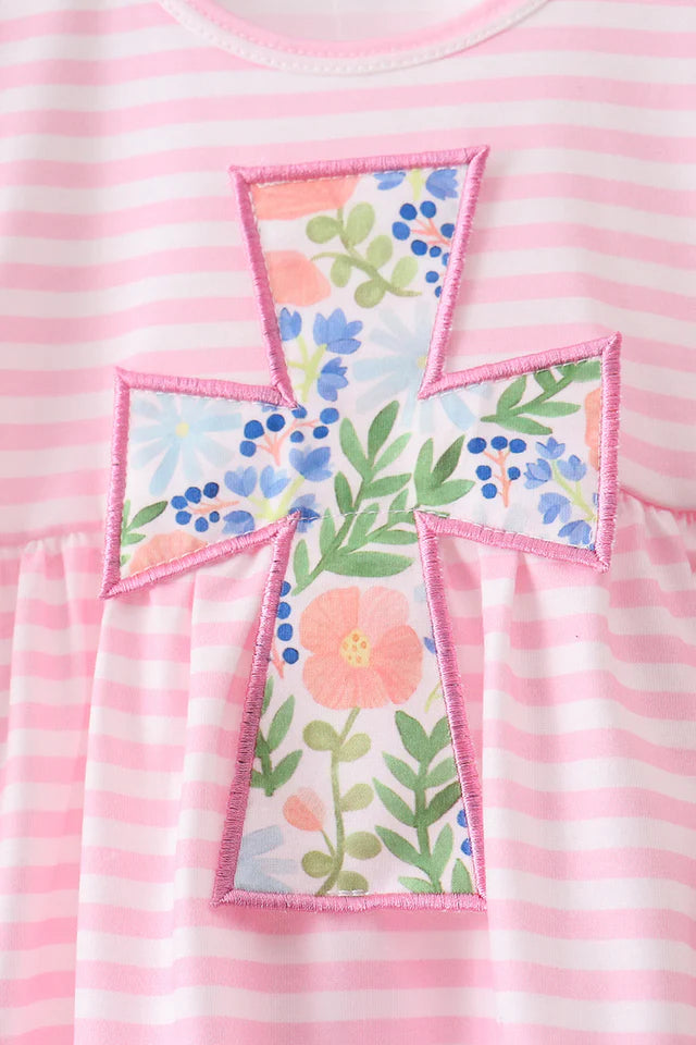 Abby & Evie Pink Stripe Cross Applique Ruffle Shorts Set SpadezStore